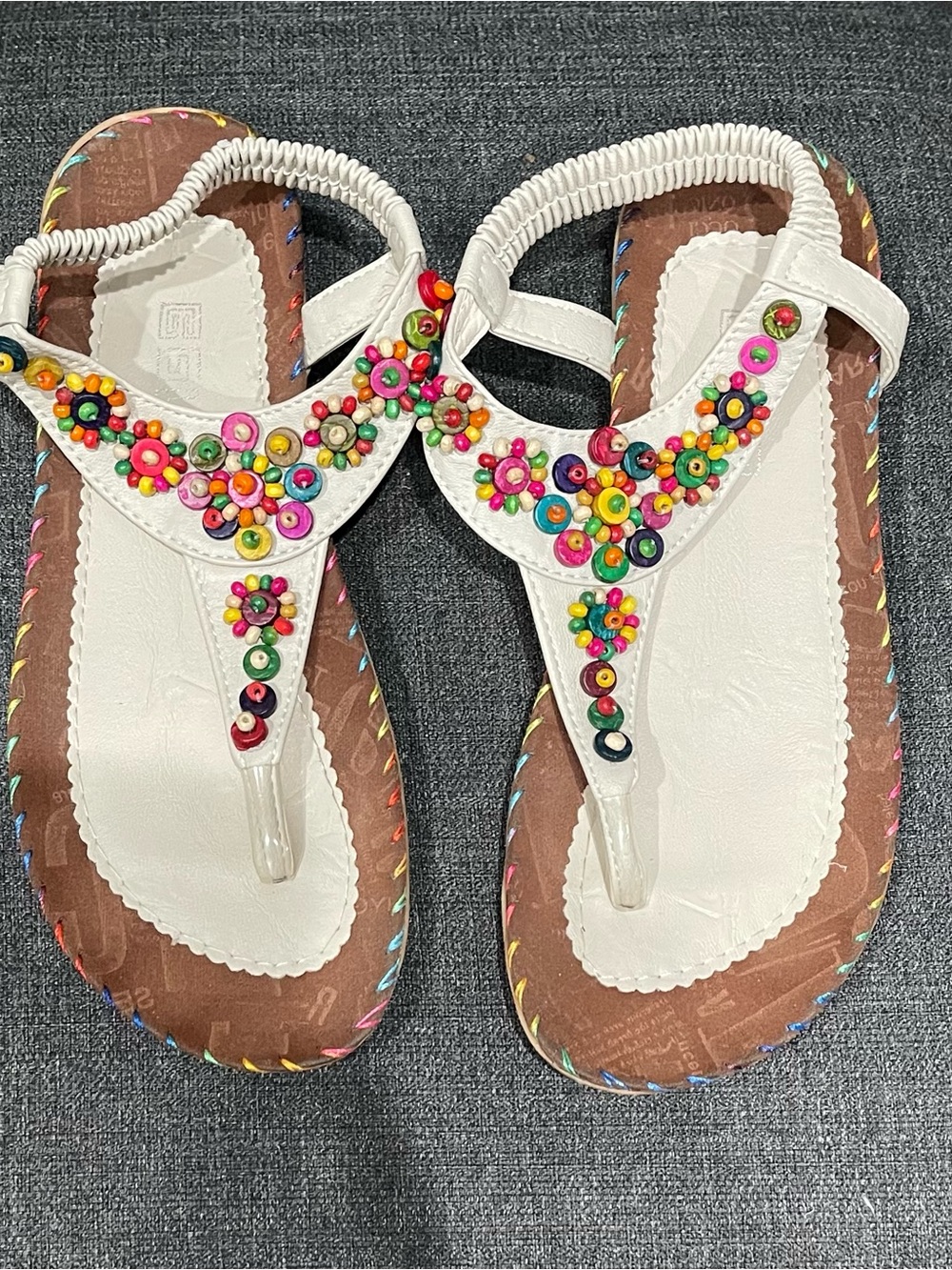White Beaded T-Strap Women’s Sandals - Colorful Embellishment